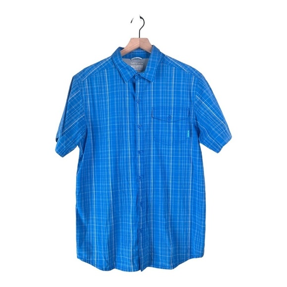 Columbia Blue Plaid Chest Pocket Button Front Omni Shade Mens Shirt Size Med - Picture 1 of 12